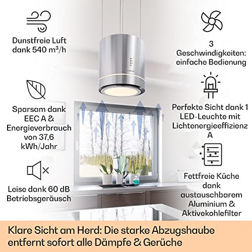 Klarstein Tron Ambience Dunstabzugshaube – 165 W Abzugshaube – Umluftleistung in 3 Stufen – Mit LED Leuchten – in Silber – Edelstahl - 2