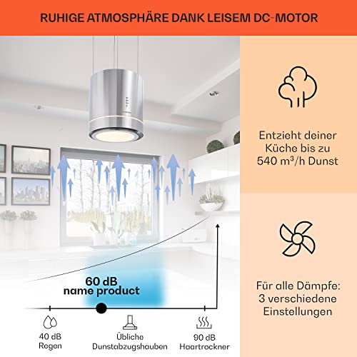 Klarstein Tron Ambience Dunstabzugshaube – 165 W Abzugshaube – Umluftleistung in 3 Stufen – Mit LED Leuchten – in Silber – Edelstahl - 3