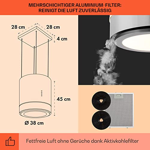 Klarstein Tron Ambience Dunstabzugshaube – 165 W Abzugshaube – Umluftleistung in 3 Stufen – Mit LED Leuchten – in Silber – Edelstahl - 5
