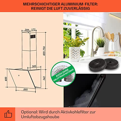 Klarstein Dunstabzugshaube, Dunstabzugshaube 90cm, Dunstabzugshaube Umluft/Abluft, Abzugshaube mit Fettfilter, Dunstabzug zur Wandmontage, Dunstabzugshauben mit LEDs, Kopffreihaube 595 m³/h Abluft - 5