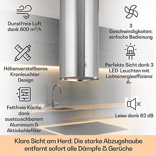 Klarstein Insel-Abzugshaube, Dunstabzug für Arbeitsplatte, 600m³/h Luftstrom, Verstellbare Inselhaube Umluft Freihängend mit Rohr-Design, 3 Stufen, Aktivkohle-Filter Dunstabzugshaube Deckenmontage - 2