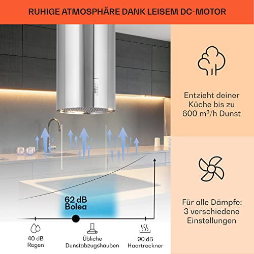 Klarstein Insel-Abzugshaube, Dunstabzug für Arbeitsplatte, 600m³/h Luftstrom, Verstellbare Inselhaube Umluft Freihängend mit Rohr-Design, 3 Stufen, Aktivkohle-Filter Dunstabzugshaube Deckenmontage - 3