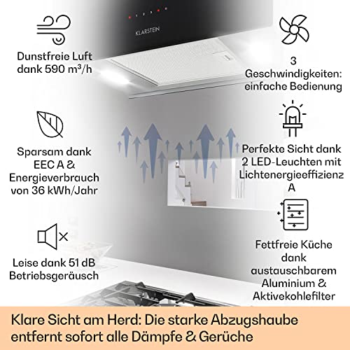 Klarstein Dunstabzug, Insel-Dunstabzug Freihängend, Abluft/Umluft Dunstabzug zur Deckenmontage, Dunstabzugshaube mit 3 Stufen, Timer, 590m³/h Luftstrom & Aktivkohle-Filter, Inselhaube für die Decke - 2