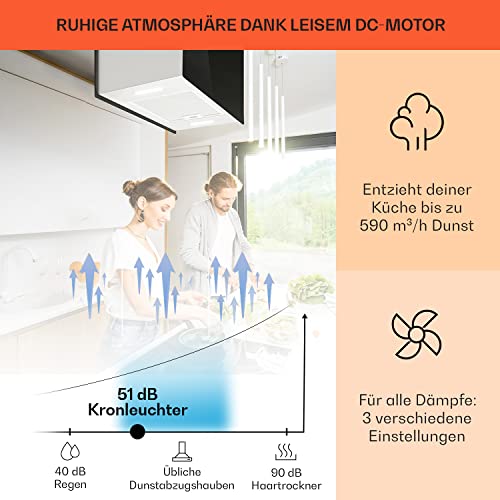 Klarstein Dunstabzug, Insel-Dunstabzug Freihängend, Abluft/Umluft Dunstabzug zur Deckenmontage, Dunstabzugshaube mit 3 Stufen, Timer, 590m³/h Luftstrom & Aktivkohle-Filter, Inselhaube für die Decke - 3