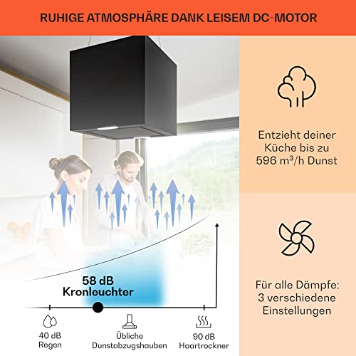 Klarstein Kronleuchter Inselhaube - Dunstabzugshaube Freihängend, Kronleuchter-Kochinsel, Dunstabzugshaube mit Filter, Inselhaube mit Umluft, Deckenmontage, 45 cm, schwarz - 3