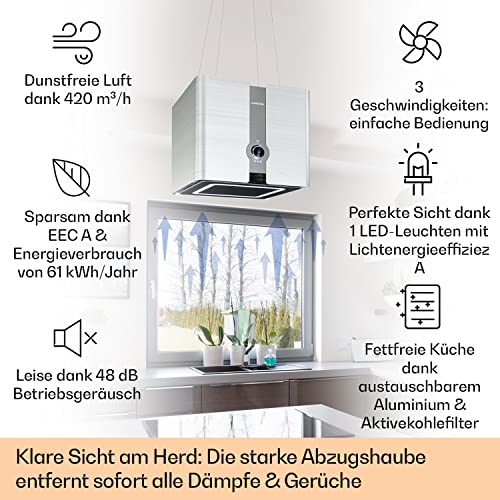 Klarstein Futurelight Smart Dunstabzugshaube freihängend - Abzugshaube Umluft mit 420m³/h Abluftleistung, Inselhaube Umluft mit LED-Beleuchtung, Edelstahl, silber - 2