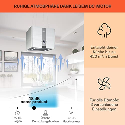 Klarstein Futurelight Smart Dunstabzugshaube freihängend - Abzugshaube Umluft mit 420m³/h Abluftleistung, Inselhaube Umluft mit LED-Beleuchtung, Edelstahl, silber - 3
