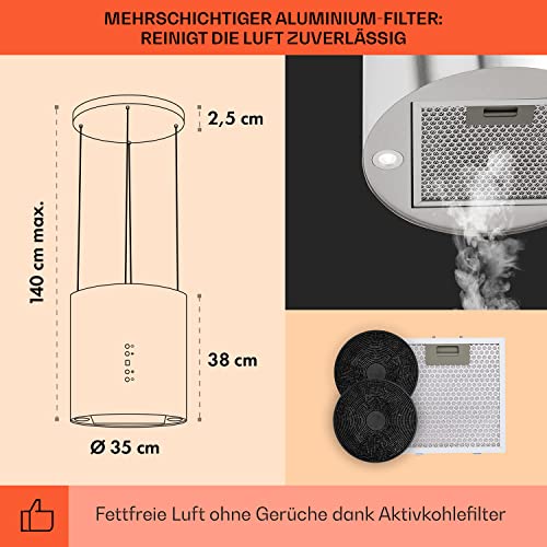 Klarstein Dunstabzug, Insel-Dunstabzug Freihängend, 583m³/h Luftstrom, Abluft/Umluft-Dunstabzug zur Deckenmontage, Moderne Insel Dunstabzugshaube, 3 Stufen, Aktivkohlefilter, Inselhaube für Decke - 3