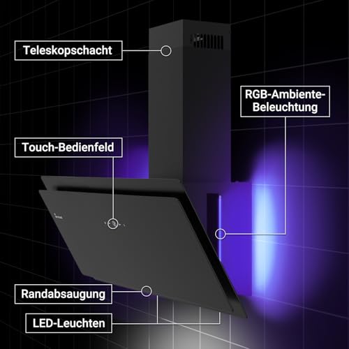 KKT KOLBE Dunstabzugshaube 90 cm | Kopffreie Wandhaube | Edelstahl | schwarzes Glas | WLAN | Nachlaufautomatik | RGBW-LED-Beleuchtung | SensorTouch Bedienung | SOLO909SHCM - 4