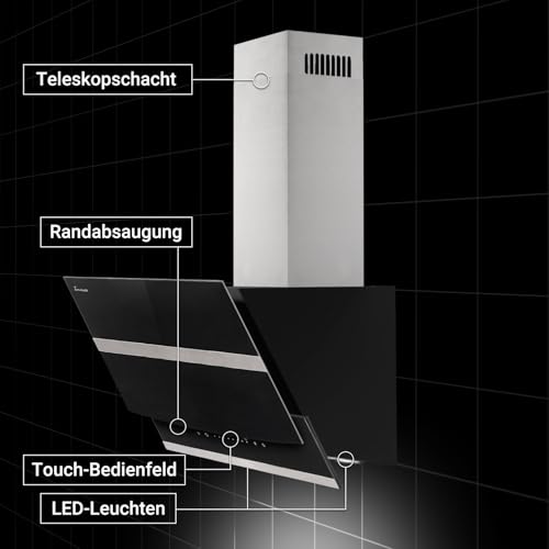 KKT KOLBE A+++ Dunstabzugshaube 90 cm Kopffreie Wandhaube Edelstahl schwarzes Glas Nachlaufautomatik LED-Beleuchtung SensorTouch-Bedienung HERMES9005S - 3