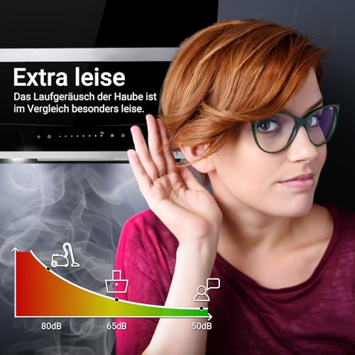 KKT KOLBE A+++ Dunstabzugshaube 90 cm Kopffreie Wandhaube Edelstahl schwarzes Glas Nachlaufautomatik LED-Beleuchtung SensorTouch-Bedienung HERMES9005S - 4