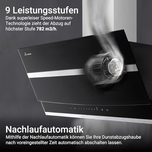 KKT KOLBE A+++ Dunstabzugshaube 80 cm Kopffreie Wandhaube Edelstahl schwarzes Glas Nachlaufautomatik LED-Beleuchtung SensorTouch-Bedienung HERMES8005S - 2