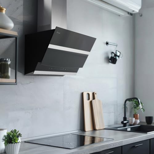 KKT KOLBE A+++ Dunstabzugshaube 80 cm Kopffreie Wandhaube Edelstahl schwarzes Glas Nachlaufautomatik LED-Beleuchtung SensorTouch-Bedienung HERMES8005S - 8