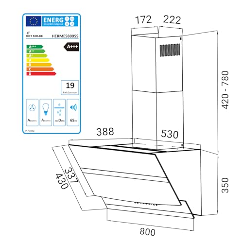 KKT KOLBE A+++ Dunstabzugshaube 80 cm Kopffreie Wandhaube Edelstahl schwarzes Glas Nachlaufautomatik LED-Beleuchtung SensorTouch-Bedienung HERMES8005S - 9