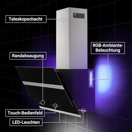 KKT KOLBE Dunstabzugshaube 60cm | Kopffreie Wandhaube | Edelstahl | schwarzes Glas | WLAN | Nachlaufautomatik | RGBW-LED-Beleuchtung | SensorTouch | HERMES608SM - 5