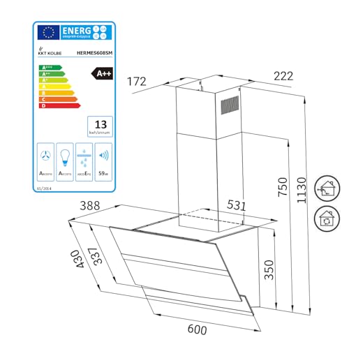 KKT KOLBE Dunstabzugshaube 60cm | Kopffreie Wandhaube | Edelstahl | schwarzes Glas | WLAN | Nachlaufautomatik | RGBW-LED-Beleuchtung | SensorTouch | HERMES608SM - 9